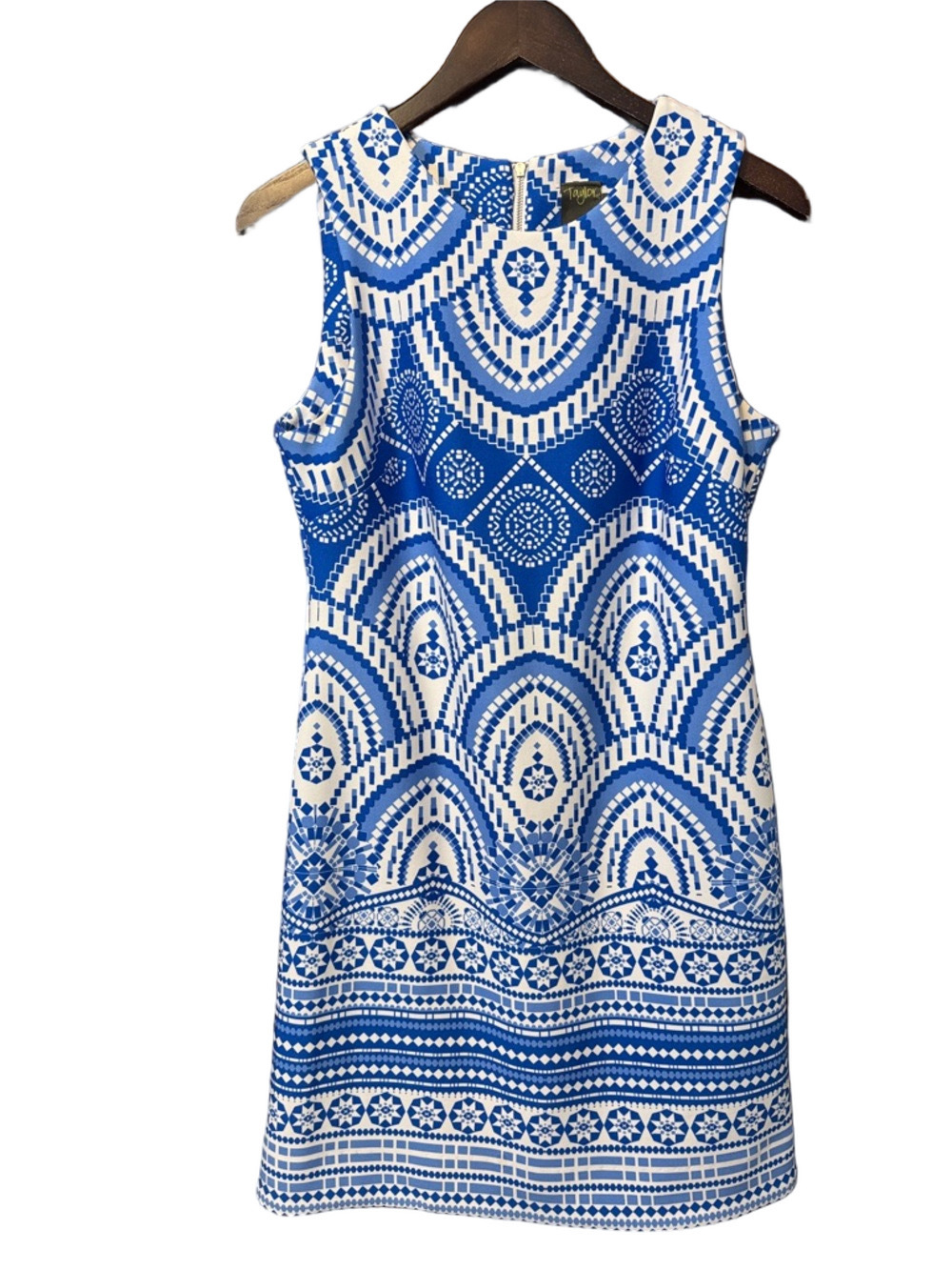 Just...Taylor Blue and White Geometric Midi Shift Dress Size 8 - Picture 2 of 4